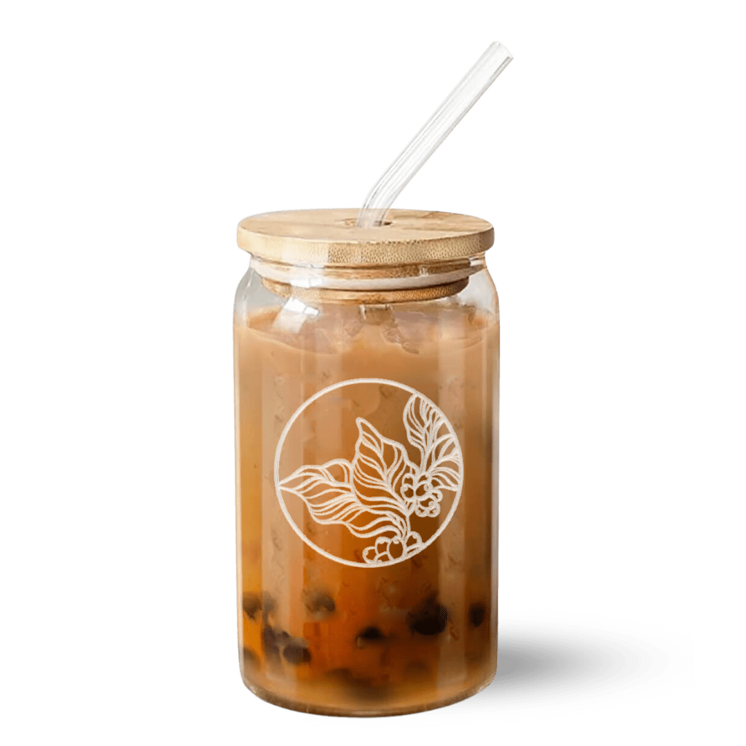 Cold Drink Glass Tumbler w/ Pressure Fit Lid - Etched Coffee Plant Design