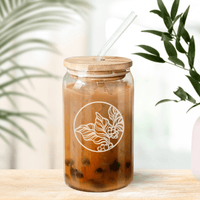 Cold Drink Glass Tumbler w/ Pressure Fit Lid - Etched Coffee Plant Design